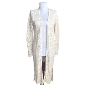 Freshman 1996‎ Cream Crochet Open Front Duster Cardigan Sweater S Festival Boho